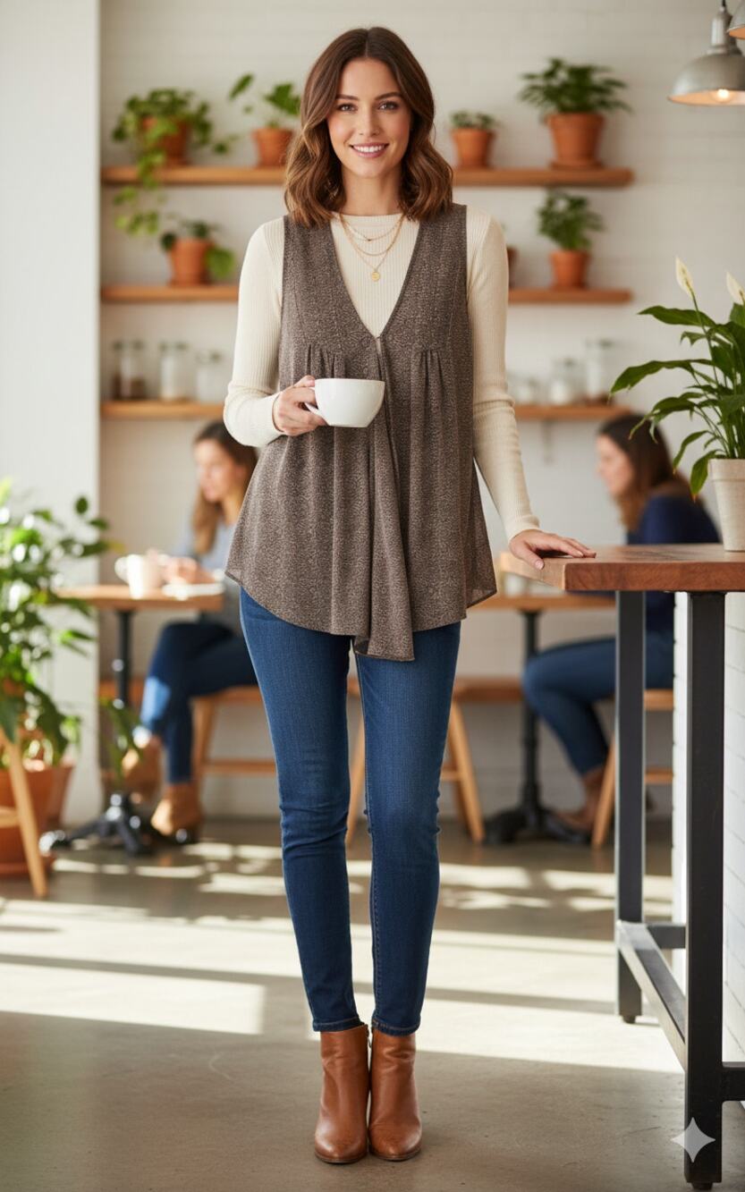 Cabi Women Medium Gray Polka Dots Flowy Lagenlook Chiffon Overlay Vest